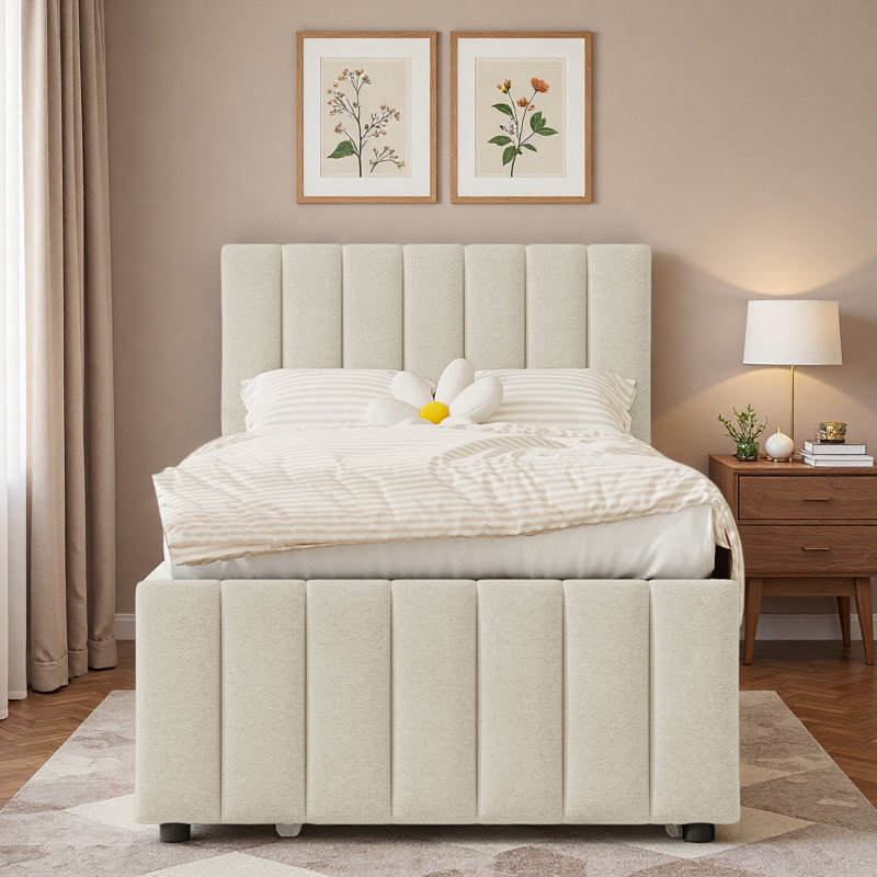Lit plateforme simple tapissier avec lit gigogne et 3 tiroirs, Beige
