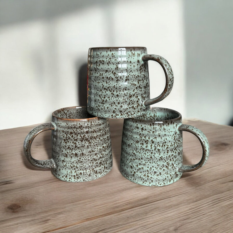 Mottled Effect Brown Dots Speckled Reactive Glaze Artisan Saham Ceramic Coffee Mug Set of 4