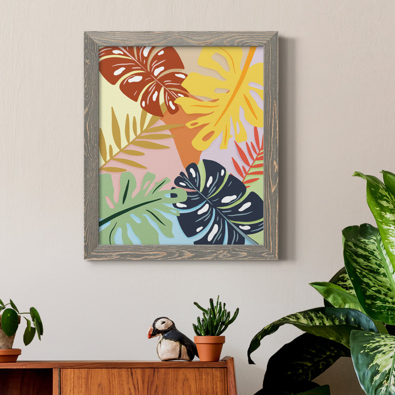 «Tropical Foliage II», peinture sur toile encadrée, H 20 po x l 17 po x P 1,5 po, Encadré gris