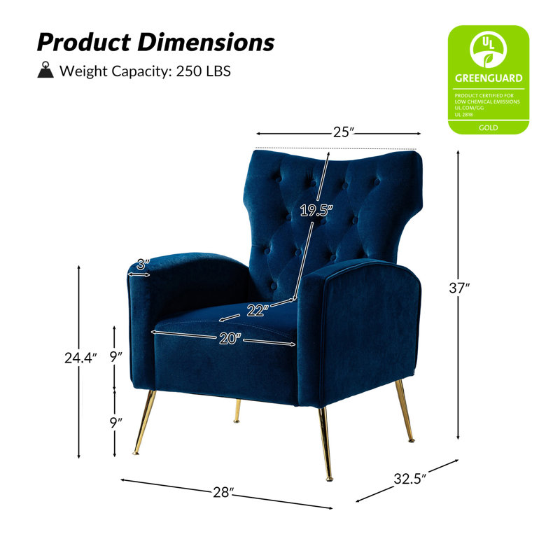Consolata 37" H Velvet Wingback Chair with Button Tufting and Metal Legs, Navy Velvet