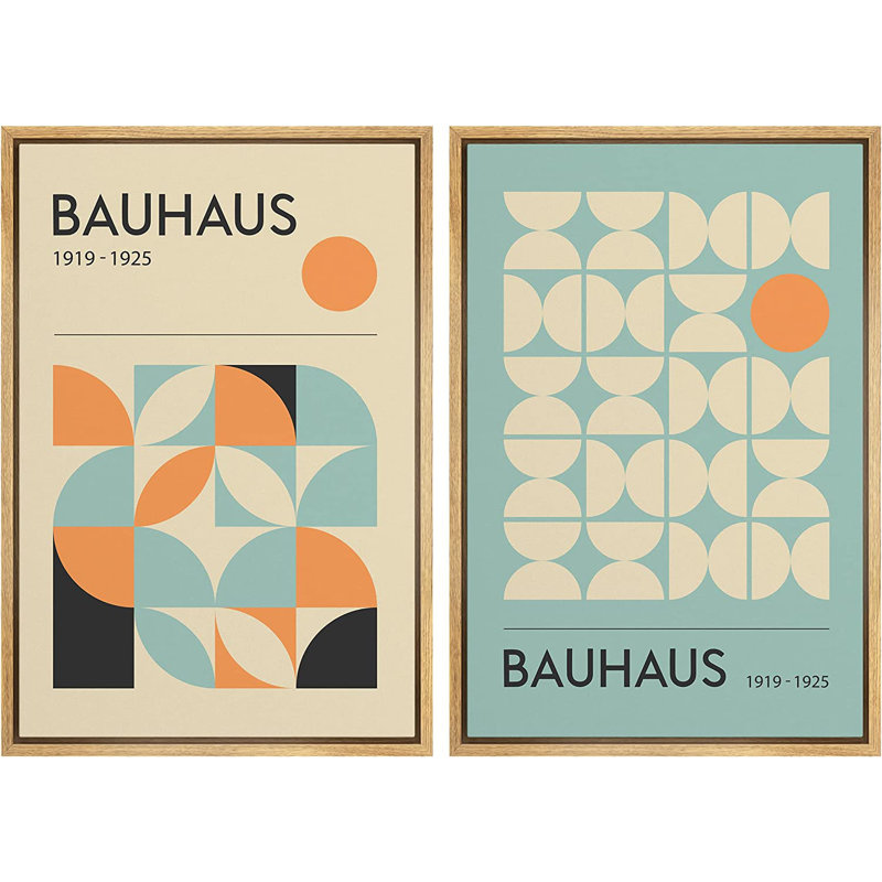 Classical Artwork Geometric Teal Abstract Mid-Century Modern Picture Framed Canvas 2 Pieces Print Wall Art, Brown