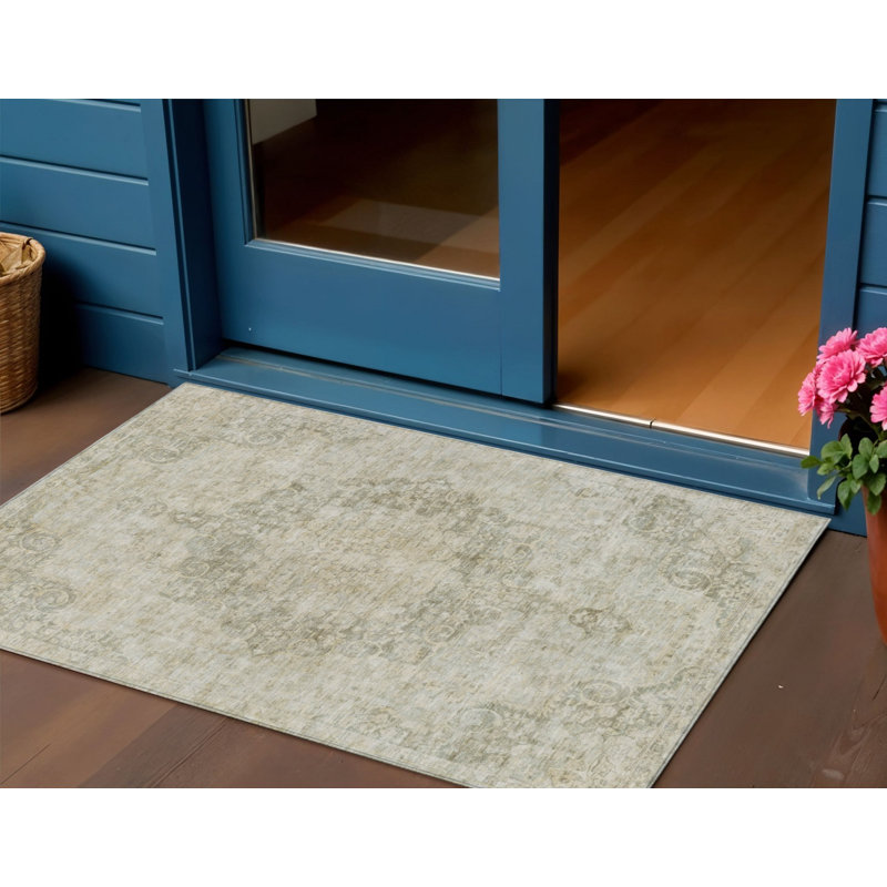 3' X 5' Sage Floral Medallion Washable Indoor Outdoor Area Rug
