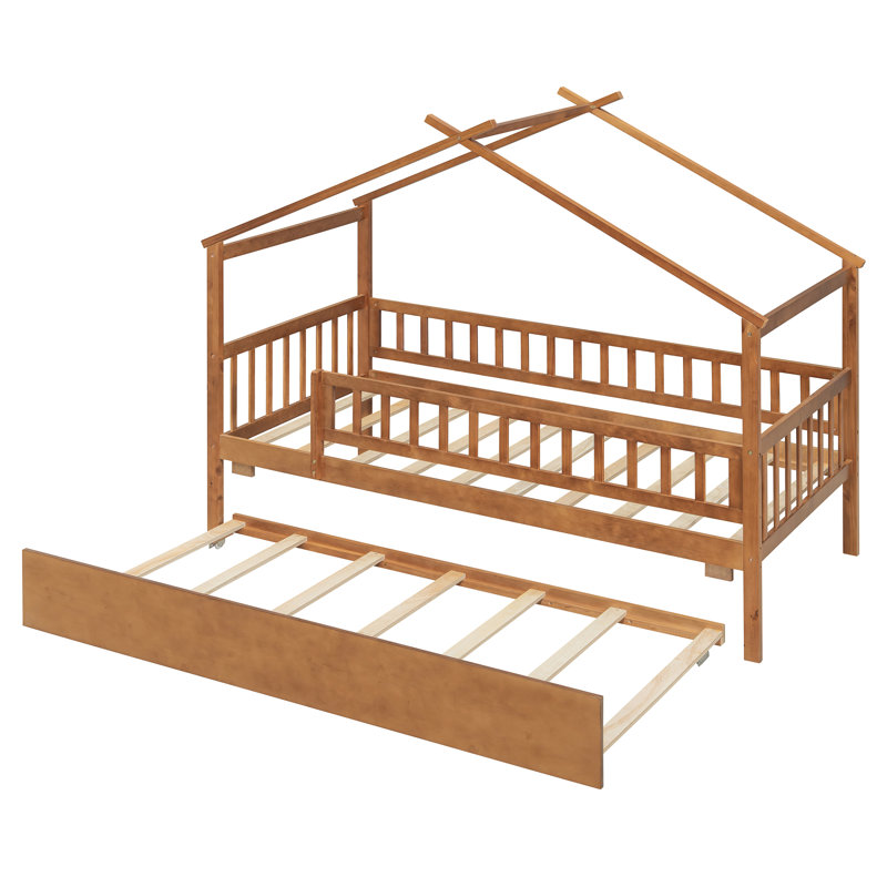 Twin Size Wooden House Bed With Twin Size Trundle, Walnut