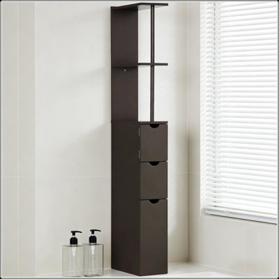 Organisateur de plancher étroit avec plusieurs options de rangement, parfait pour une petite salle de bain et un espace efficace
