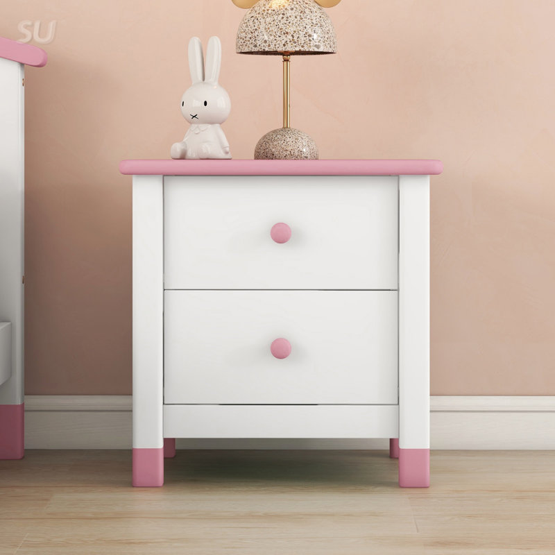 Table de chevet en bois avec deux tiroirs pour enfants, peu encombrante et polyvalente, Rose
