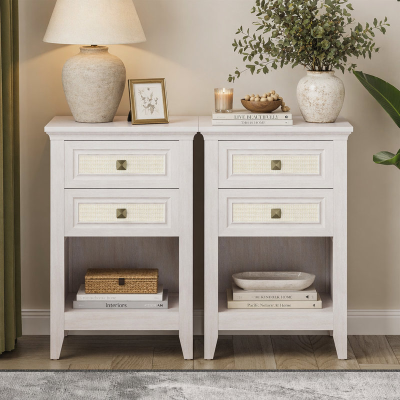 Table de chevet en rotin blanc grisâtre avec rangement pour petits espaces et salons (ensemble de 2)