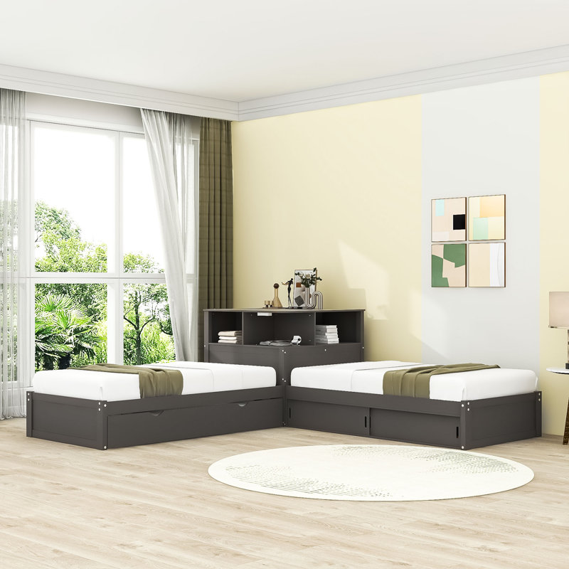 Lit plateforme simple en bois avec lumière DEL, bureau, tablettes et lit gigogne, gris