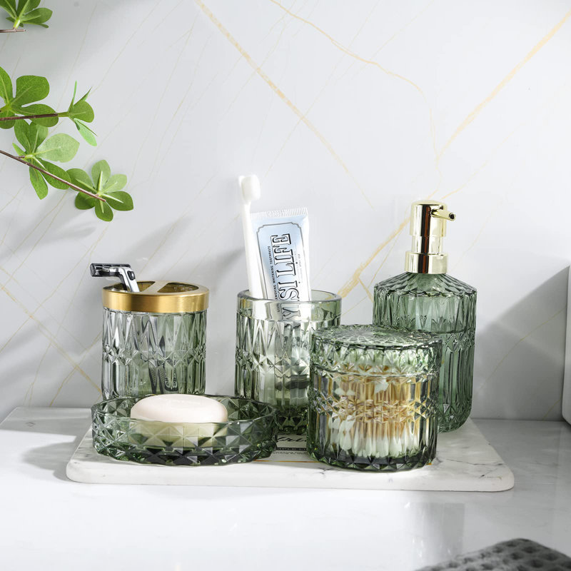 Green Bathroom Accessories Set, 5Pcs Clear Glass Bathroom Set Accessories, Soap Dispenser, Soap Dish, Toothbrush Holder Set, Tumbler, cotton swabs Holder For Vintage Crystal Bath Decor