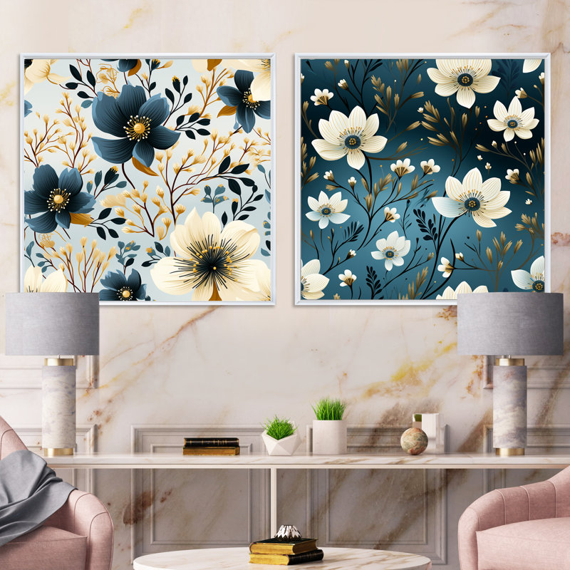 Flavie - Ensemble de 2 collages carrés floraux, Cadre flottant blanc, H 16 po x l 33 po