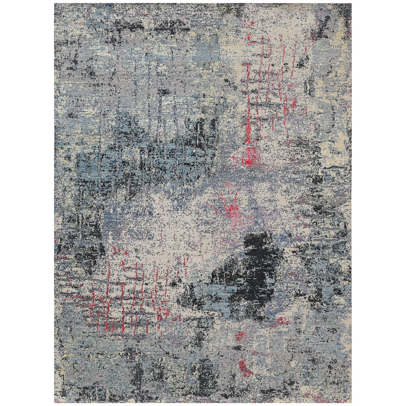 Tapis gris / rouge / bleu noué à la main de haute qualité, Rectangle 9 pi x 12 pi