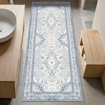 Tapis lavable, tapis à imprimé floral rétro antidérapant doux pour le salon, la chambre à coucher, la cuisine, les tapis d'intérieur légers et résistants aux taches, bleu