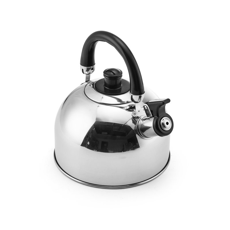 Polished Stainless Steel Whistling Tea Kettle with Black Handle