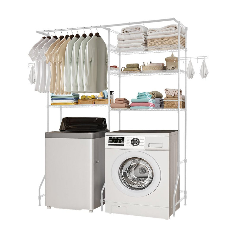 Over The Washer and Dryer Storage Shelf, 6 Tier Laundry Room Drying Rack with Hanger Rod and Hooks, Adjustable Over Washer and Dryer Shelves, Laundry Room Shelf Storage Space Saver