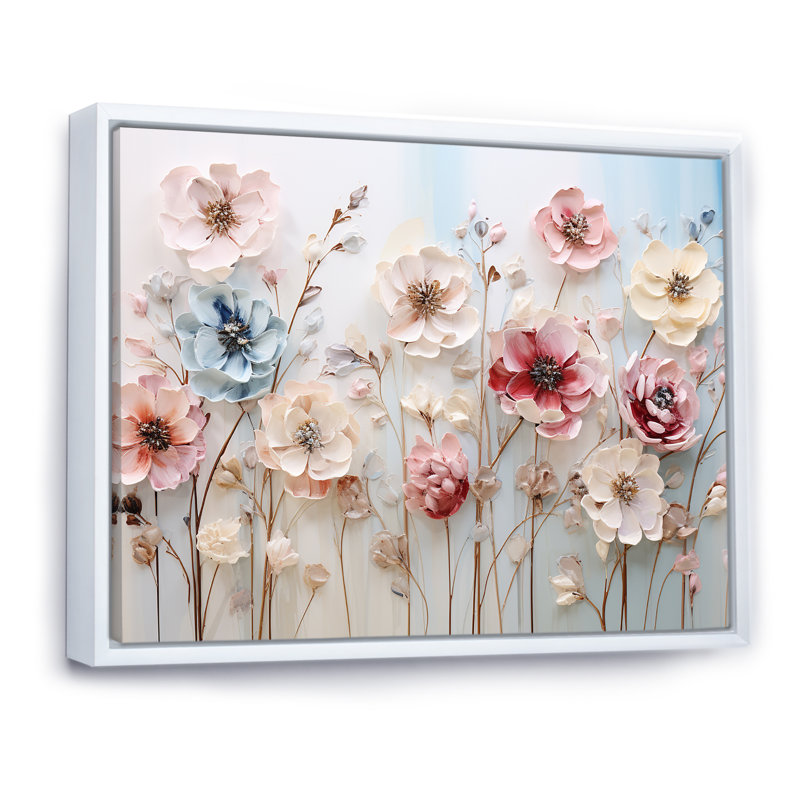 Art floral mural blanc et rose pour salon, H 30 po x l 40 po x P 1,5 po, Cadre flottant blanc
