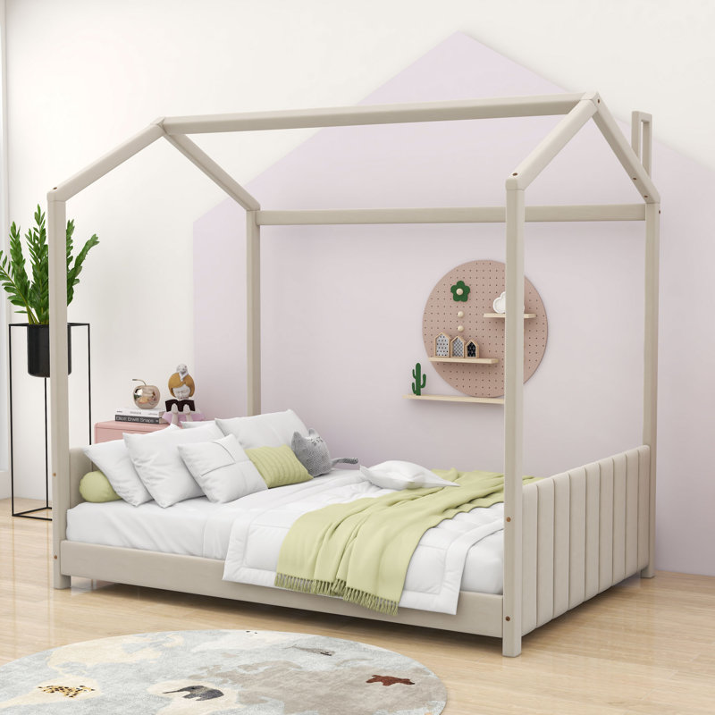 Lit maison avec tête de lit et tête de lit rayée, Beige, Double