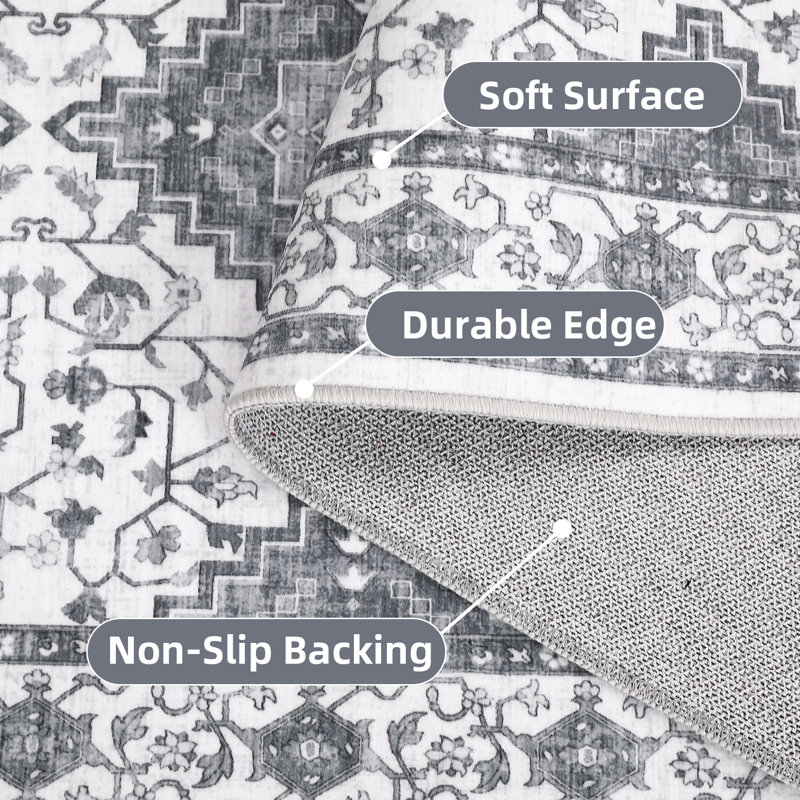 Machine Washable Rug with Rubber Backing for Living Room Oriental Non-Slip Area Rug Easy-Cleaning Vintage Floor Carpet for Bedroom Dining Room