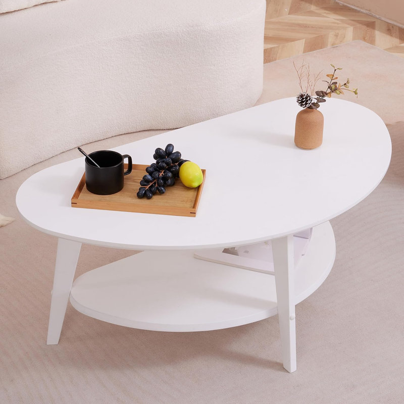Table basse ovale, table de salon 100% bois massif à 2 niveaux