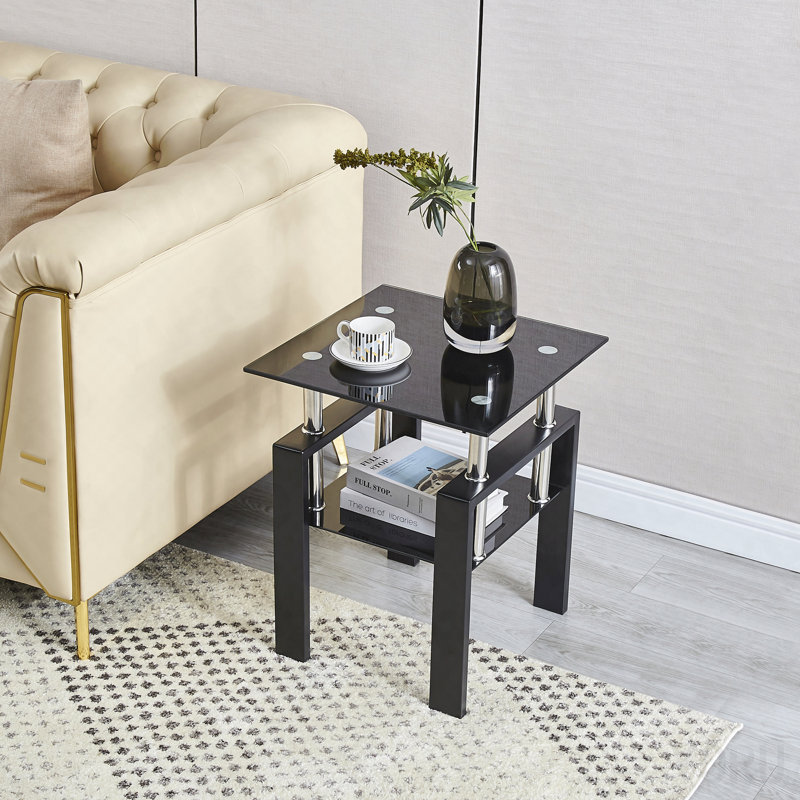 Tempered Black Glass Sofa Table - 2-Layer End Table With Storage