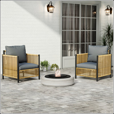 Outdoor Pe Brown Wicker 2seats Sofa with Grey Cushion and Table Set