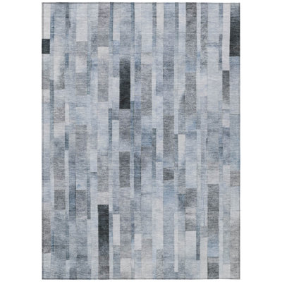 5' X 8' Blue And Gray Striped Washable Indoor Outdoor Area Rug