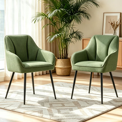 Modern Fabric Upholstered Dining Chairs with Arms, Curved Back & Black Metal Legs, Accent Arm Chairs for Dining Room Kitchen