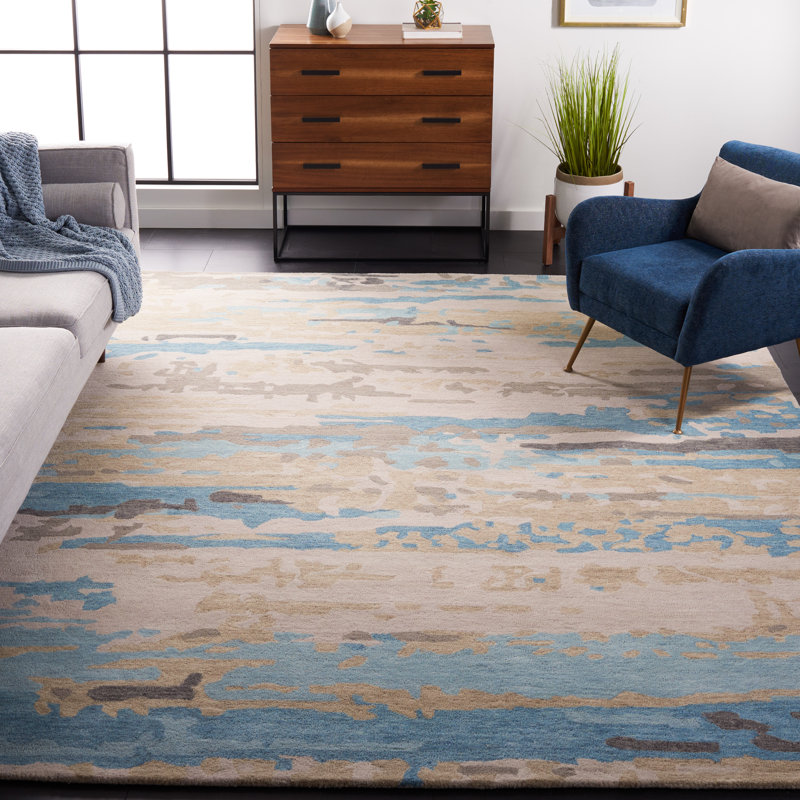 Tapis abstrait beige / bleu en laine / coton touffeté à la main Soho, Rectangle 4 pi x 6 pi