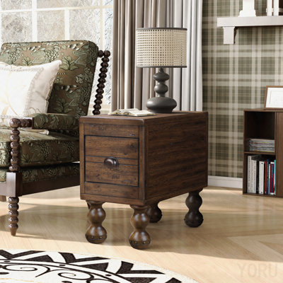 Solid Wood End Table, Rectangle 23.6 inch Narrow Side Table with Drawer, Vintage Bedside Table Nightstand for Small Spaces, Living Room, Bedroom, Easy Assembly, Espresso