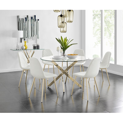 Tierra Modern Chrome Metal & Glass Round Dining Table Set with 6 Luxury Faux Leather Chairs