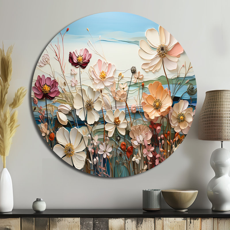 «White Morning Glory Flower Field - Floral», art mural rond en métal, H 16 po x l 16 po