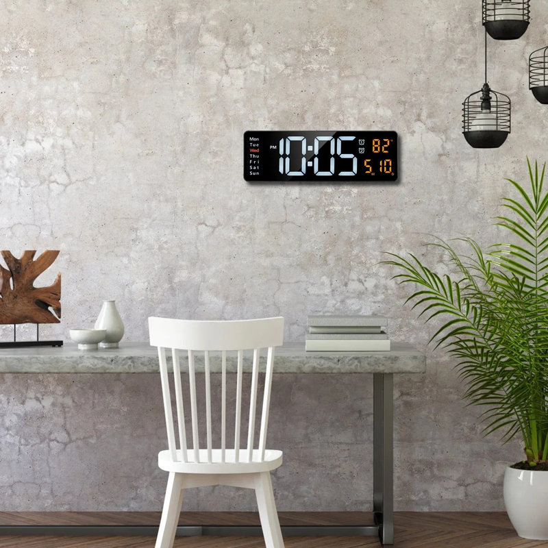 Horloge murale à DEL de 15,7 pouces avec télécommande, luminosité à 10 niveaux, 3 alarmes, format 12 / 24hr, compte à rebours, affichage de la température et du calendrier pour la maison de bureau