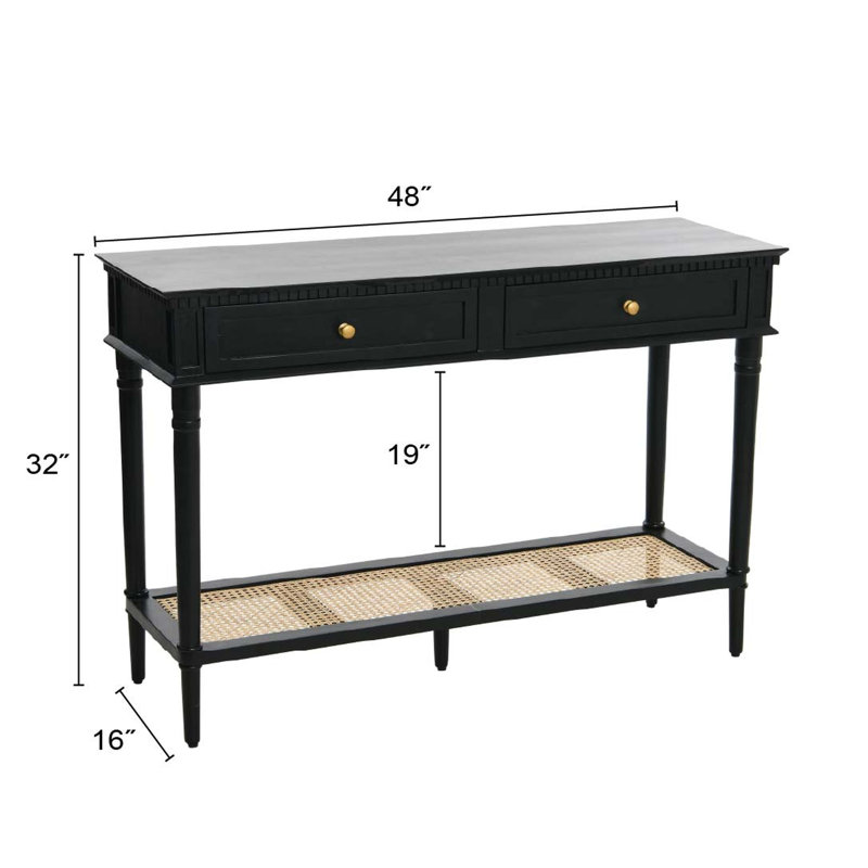 Console en bois massif Ayleena Maxwelton avec 2 tiroirs et tablette de rangement, Noir