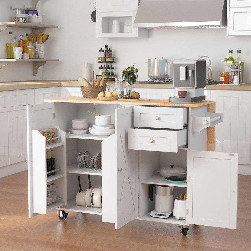  50.4" Kitchen Island With Drop Leaf & Power Outlet, Farmhouse Rolling Island Cart With 3 Spices Shelves On Wheels, Mobil Kitchen Island Table With Rubberwood Countertop Towel Rack