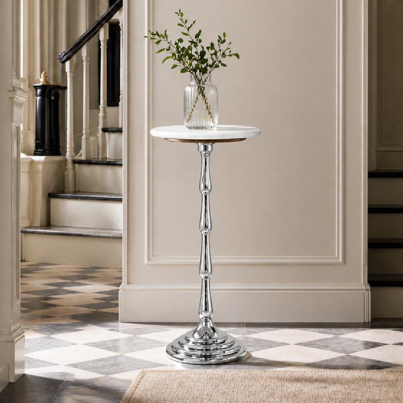 Table à boisson en aluminium argenté avec plateau en marbre blanc, l 10 po x P 10 po x H 26 po