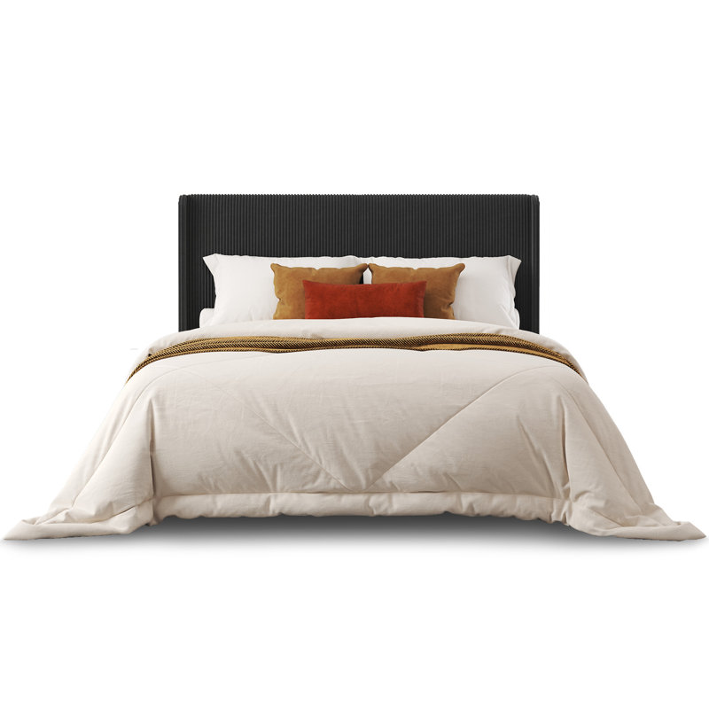 Lit plateforme Beatrica Queen Size en velours côtelé noir avec tête de lit à oreilles et sommier à lattes en bois, Grand lit