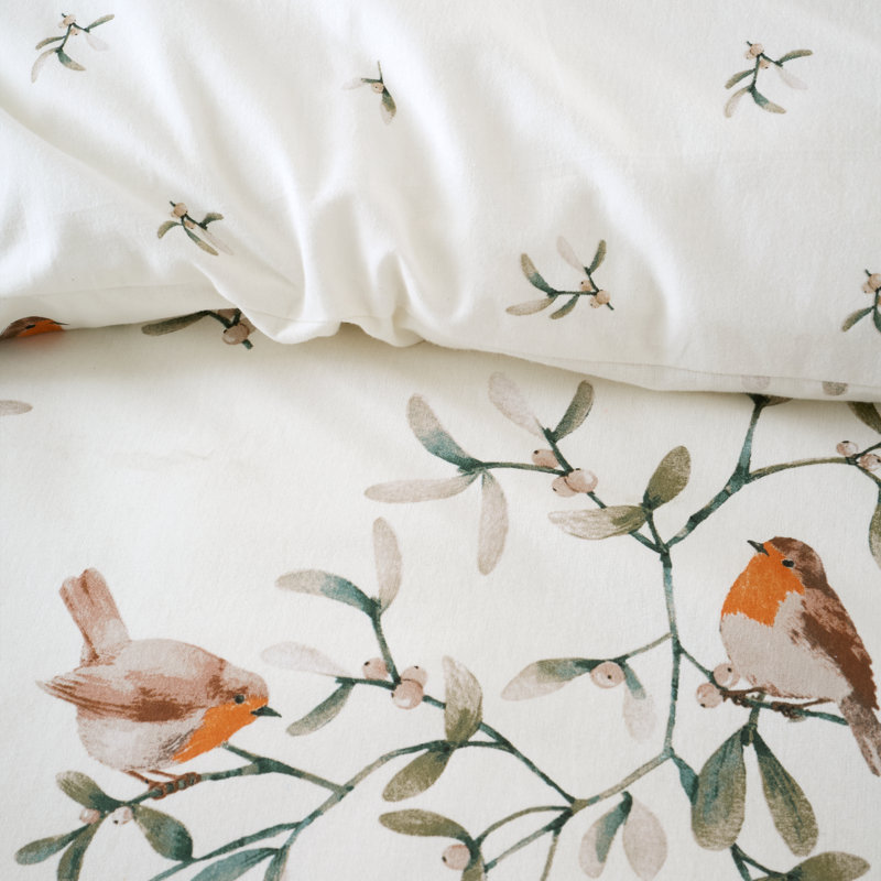 Brushed Mistletoe Robins Cotton Reversible Duvet Cover Set, Full Duvet Cover + 2 Standard Pillowcases