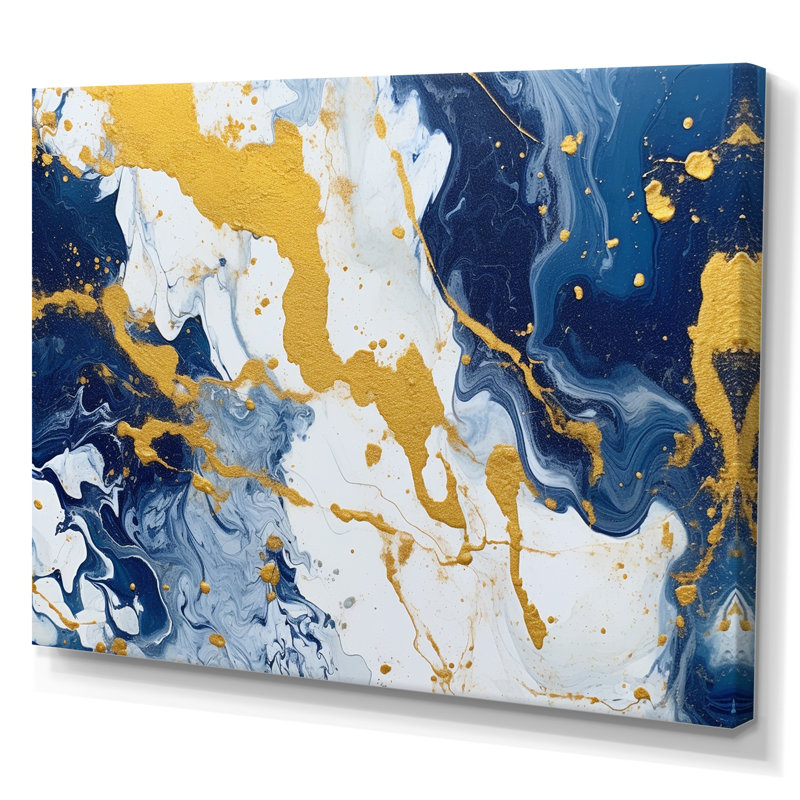 Bleu et or, art abstrait fluide de luxe, art mural fractal pour salon, H 24 po x l 32 po x P 1 po, Toile tendue