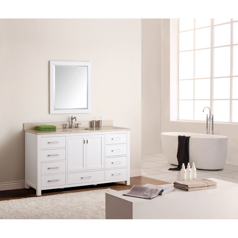 Meuble-lavabo simple 60 po avec plateau Souther, Blanc, Marbre blanc de Cala, Nickel brossé
