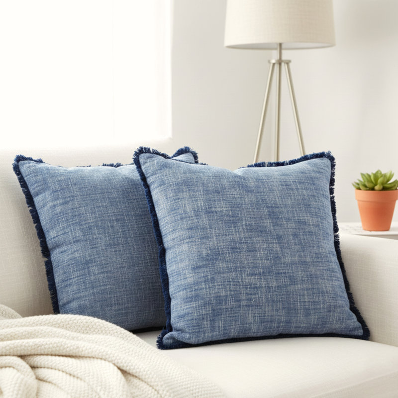 Textured Cotton Throw Pillow Covers / Modern Cushion Covers / Elegant Square Pillow Cases, Blue, Square 18"