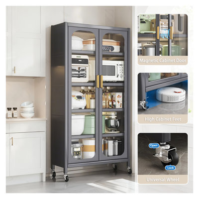 Garde-manger 65 po avec portes transparentes, garde-manger en métal à 6 niveaux avec tablettes réglables et roulettes verrouillables pour la cuisine, le salon et la salle à manger, gris