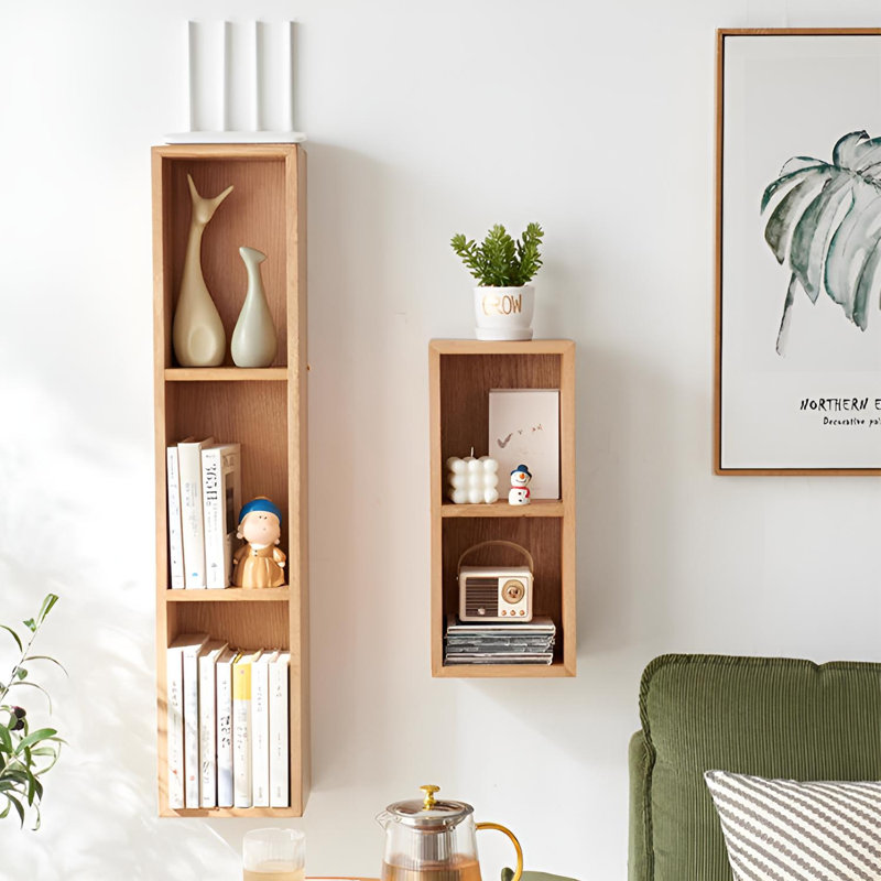 Solid Oak Wall Shelf With Multi-Cubby Design