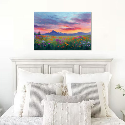  Toile de printemps, décoration murale, peinture pour salon, chambre à coucher, affiche naturelle, paysage, champ de fleurs sauvages, grand coucher de soleil, 12 po x 16 po