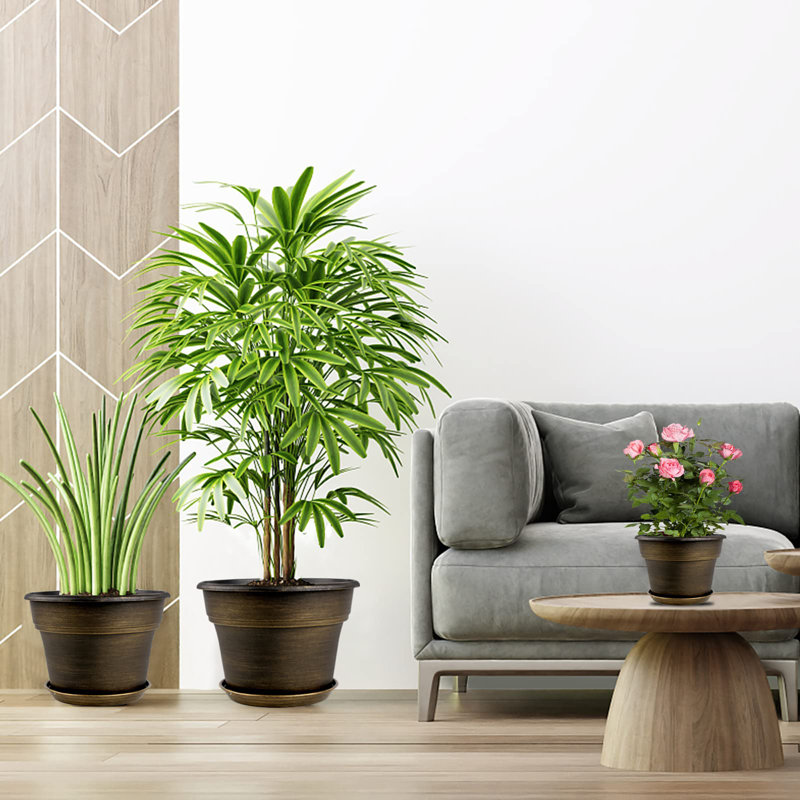Plastic Flower Plant Pots Set of 4, Gold, 7.7" H x 11" W x 11" D