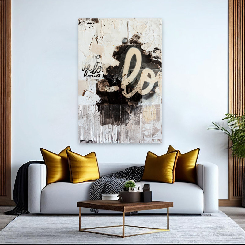 Almost In Love - Art abstrait crème collage noir, H 60 po x l 40 po