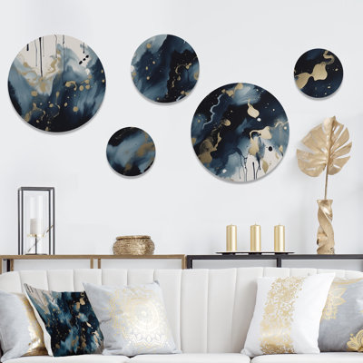 Ensemble de 5 décorations murales à encre liquide en marbre bleu et or