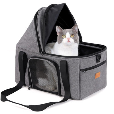 Top-Expandable Large Cat Carrier, Soft Sided Cat Bag Carrier For Medium Large Pet Up To 15 Lbs, Upgraded Small Dog Car Seat, Puppy Travel Bag With Semi-Open Canopy