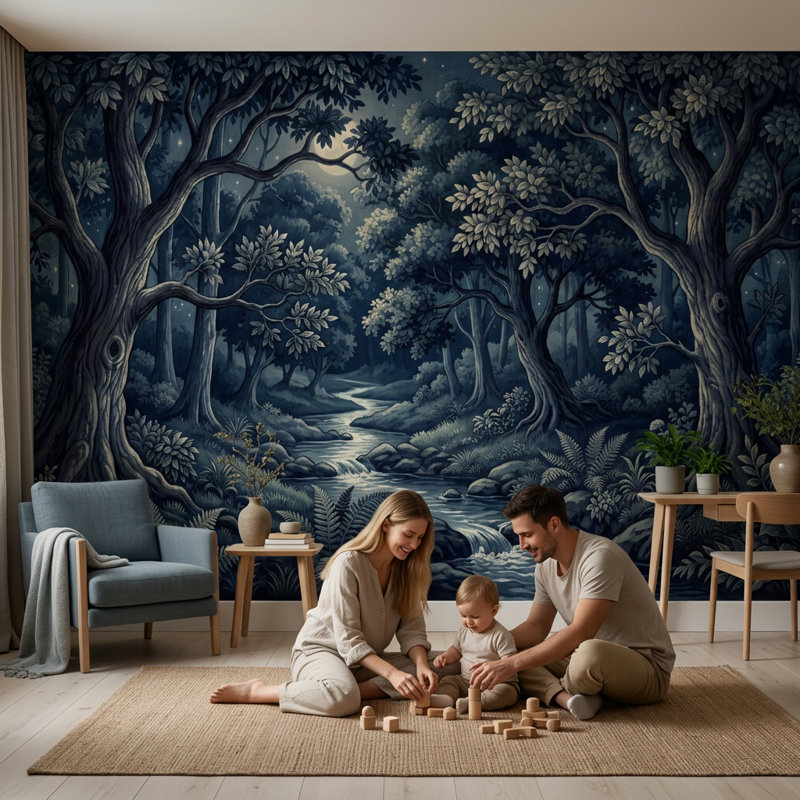 Moonlit Forest Wallpaper Winding Creek Night Landscape Removable Wall Decor, Non-Woven Nonpasted, 200 po x 120 po