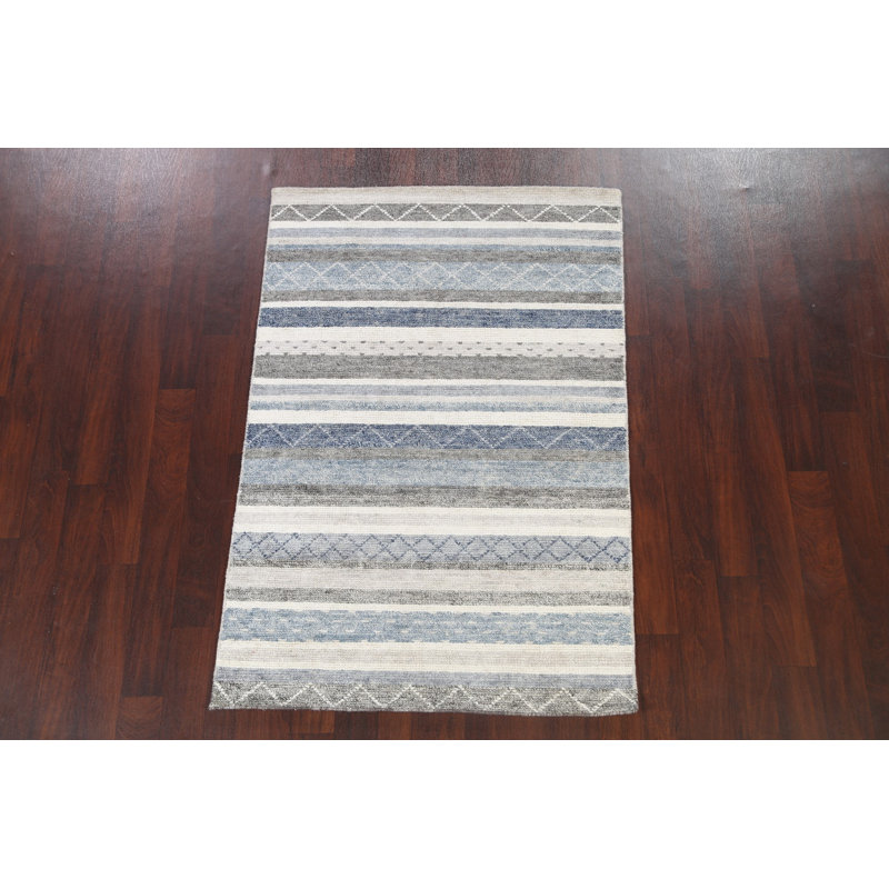 Tapis gris / bleu / ivoire noué à la main de conception unique 4 pi x 6 pi New Age