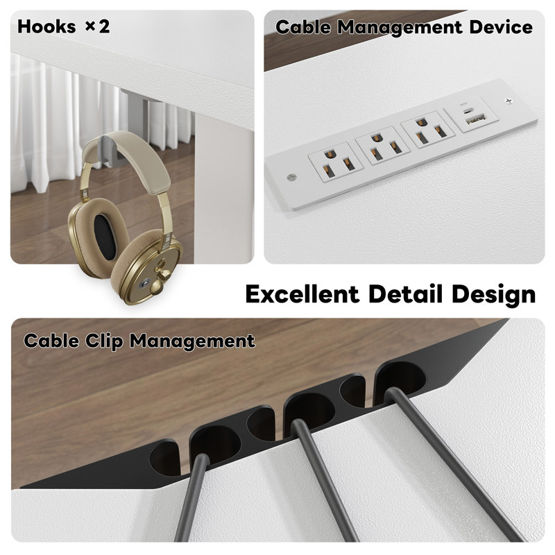 Adjustable Height Standing Desk With Cable Management, Powerful Motor, Monitor Stand,2 Hooks, 5 Power Outlets,3 Memory Controller