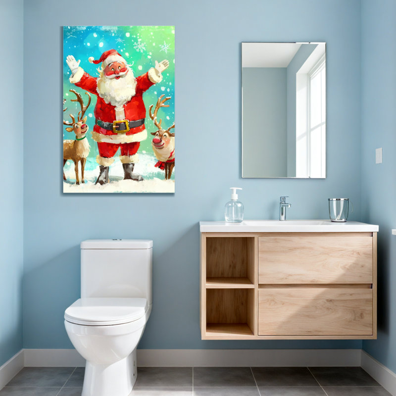 Père Noël avec des rennes dans une scène enneigée, H 48 po x l 32 po