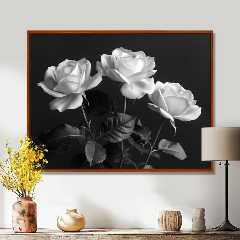 Monochromes roses noires et blanches Bloom III - Roses, art mural, Cadre flottant brun, 12" H x 20" W